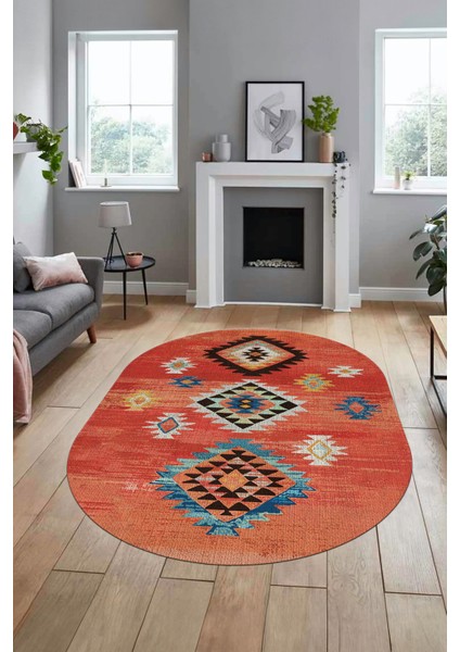 Dijital Baskılı Kaymaz Yıkanabilir Etnik Desenli Oval Mutfak Salon Halısı, O-Etnik-01-Kırmızı,