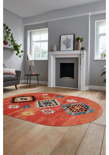 Dijital Baskılı Kaymaz Yıkanabilir Etnik Desenli Oval Mutfak Salon Halısı, O-Etnik-01-Kırmızı,