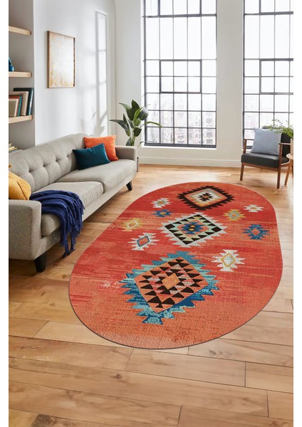 Dijital Baskılı Kaymaz Yıkanabilir Etnik Desenli Oval Mutfak Salon Halısı, O-Etnik-01-Kırmızı,