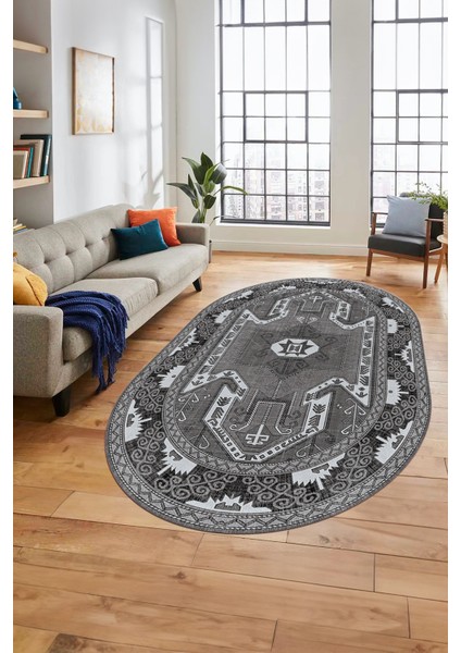 Şık Etnik Desenli Dijital Kaymaz Yıkanabilir Oval Yolluk Mutfak Salon Halısı, O-Etnik-10-Gri, fiyatları