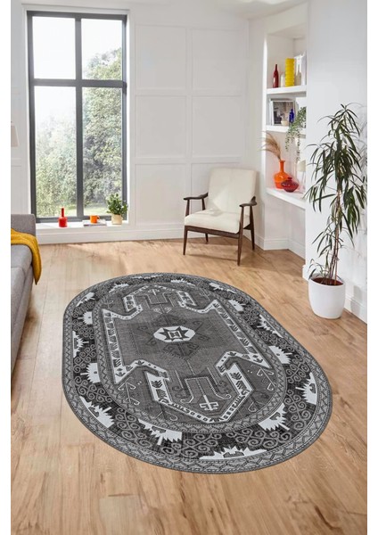 Şık Etnik Desenli Dijital Kaymaz Yıkanabilir Oval Yolluk Mutfak Salon Halısı, O-Etnik-10-Gri, fırsatları