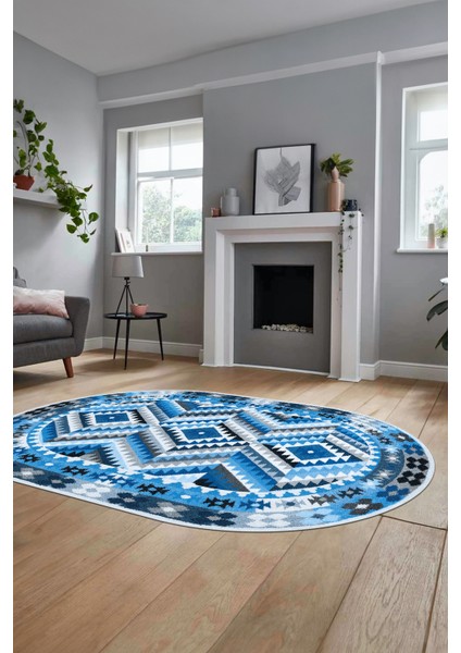 Modern Tasarım Etnik Desen Dijital Kaymaz Yıkanabilir Oval Yolluk Salon Halısı, O-Etnik-09-Mavi,