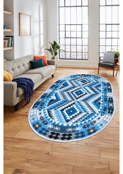 Modern Tasarım Etnik Desen Dijital Kaymaz Yıkanabilir Oval Yolluk Salon Halısı, O-Etnik-09-Mavi,