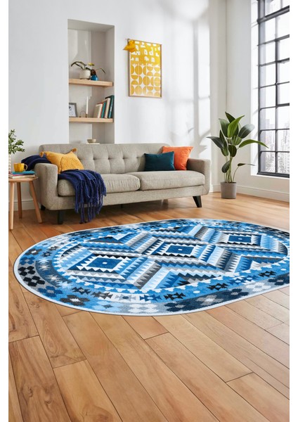 Modern Tasarım Etnik Desen Dijital Kaymaz Yıkanabilir Oval Yolluk Salon Halısı, O-Etnik-09-Mavi,