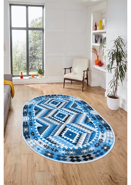 Modern Tasarım Etnik Desen Dijital Kaymaz Yıkanabilir Oval Yolluk Salon Halısı, O-Etnik-09-Mavi,