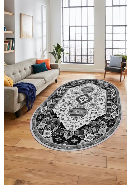 Etnik Klasik Desenli Dijital Baskılı Kaymaz Yıkanabilir Oval Yolluk Salon Halısı, O-Etnik-07-Gri, modelleri