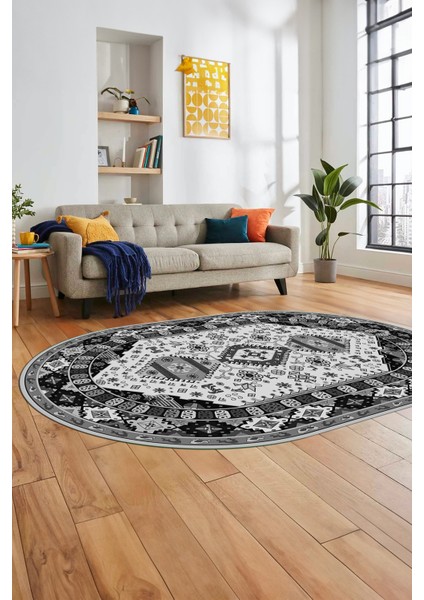 Etnik Klasik Desenli Dijital Baskılı Kaymaz Yıkanabilir Oval Yolluk Salon Halısı, O-Etnik-07-Gri, fırsatları