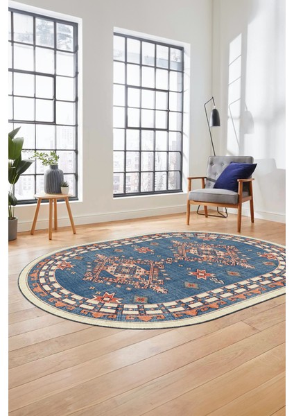 Dijital Kaymaz Yıkanabilir Etnik Desen Oval Yolluk Mutfak Salon Halısı, O-Etnik-03-Mavi, fiyatları
