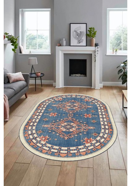 Dijital Kaymaz Yıkanabilir Etnik Desen Oval Yolluk Mutfak Salon Halısı, O-Etnik-03-Mavi, modelleri