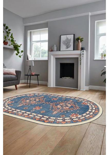 Dijital Kaymaz Yıkanabilir Etnik Desen Oval Yolluk Mutfak Salon Halısı, O-Etnik-03-Mavi, fırsatları