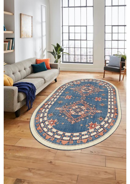 Dijital Kaymaz Yıkanabilir Etnik Desen Oval Yolluk Mutfak Salon Halısı, O-Etnik-03-Mavi, indirimleri