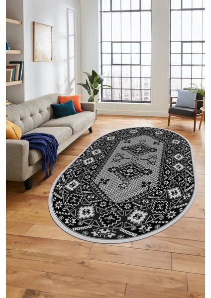 Şık Tasarım Etnik Desenli Dijital Kaymaz Yıkanabilir Oval Yolluk Salon Halısı, O-Etnik-08-Antrasit, modelleri