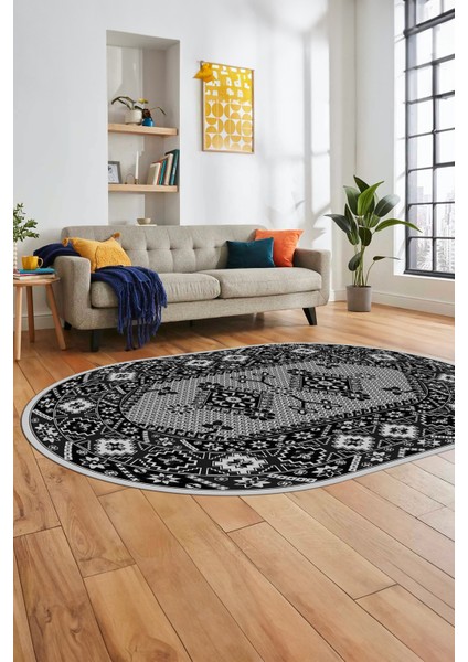 Şık Tasarım Etnik Desenli Dijital Kaymaz Yıkanabilir Oval Yolluk Salon Halısı, O-Etnik-08-Antrasit, fırsatları