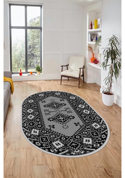 Şık Tasarım Etnik Desenli Dijital Kaymaz Yıkanabilir Oval Yolluk Salon Halısı, O-Etnik-08-Antrasit, indirimleri