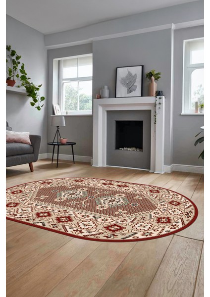 Şık Tasarım Etnik Desenli Dijital Kaymaz Yıkanabilir Oval Yolluk Salon Halısı, O-Etnik-08-Bordo, fiyatları