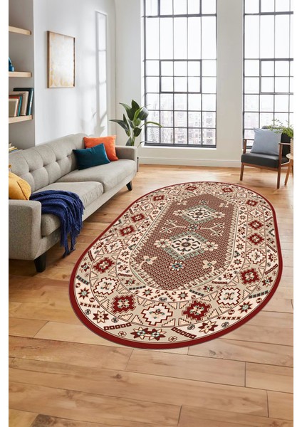 Şık Tasarım Etnik Desenli Dijital Kaymaz Yıkanabilir Oval Yolluk Salon Halısı, O-Etnik-08-Bordo, modelleri