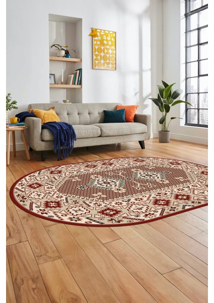 Şık Tasarım Etnik Desenli Dijital Kaymaz Yıkanabilir Oval Yolluk Salon Halısı, O-Etnik-08-Bordo, fırsatları