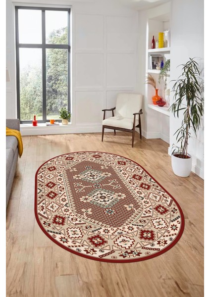 Şık Tasarım Etnik Desenli Dijital Kaymaz Yıkanabilir Oval Yolluk Salon Halısı, O-Etnik-08-Bordo, indirimleri