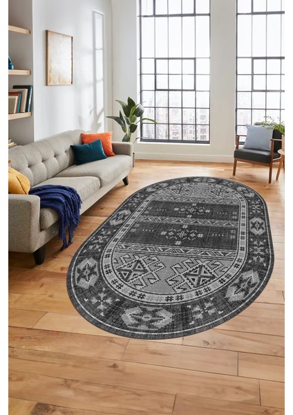 Dijital Baskılı Kaymaz Yıkanabilir Etnik Desen Oval Yolluk Mutfak Salon Halısı, O-Etnik-11-Gri,