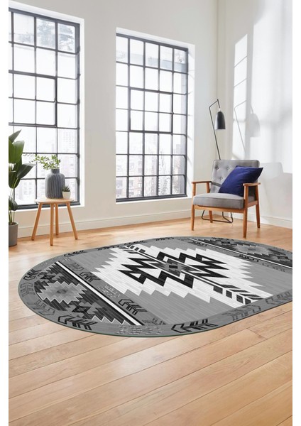 Etnik Desenli Dijital Baskılı Kaymaz Yıkanabilir Oval Yolluk Mutfak Salon Halısı, O-Etnik-05-Gri,