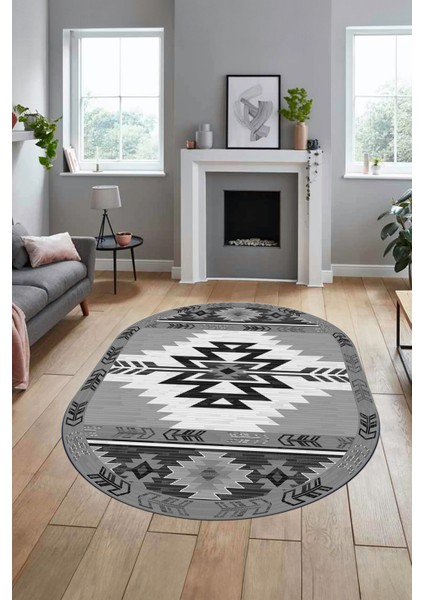 Etnik Desenli Dijital Baskılı Kaymaz Yıkanabilir Oval Yolluk Mutfak Salon Halısı, O-Etnik-05-Gri, fiyatları
