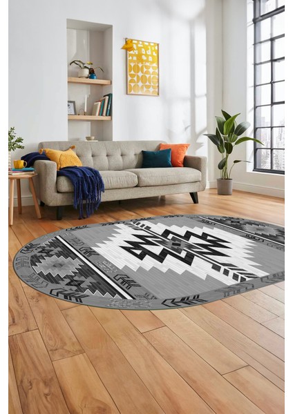 Etnik Desenli Dijital Baskılı Kaymaz Yıkanabilir Oval Yolluk Mutfak Salon Halısı, O-Etnik-05-Gri, indirimleri