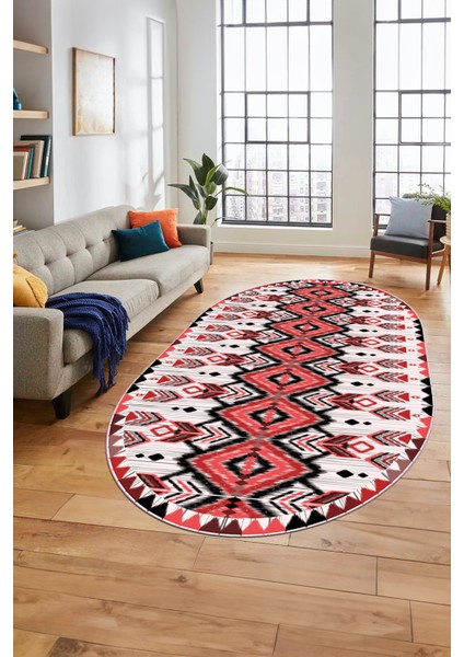 Renkli Etnik Desenli Dijital Kaymaz Yıkanabilir Oval Yolluk Mutfak Salon Halısı, O-Etnik-06-Kırmızı, fırsatları