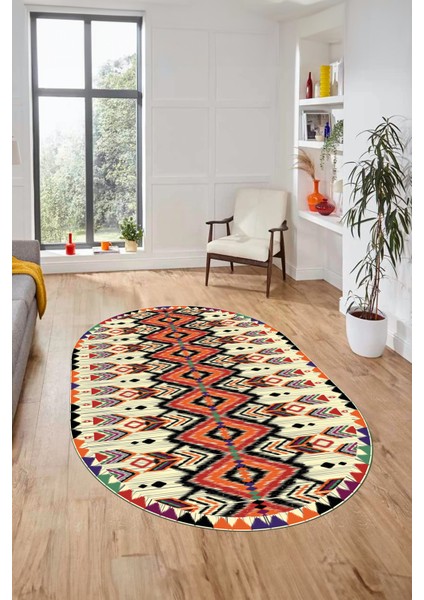 Renkli Etnik Desenli Dijital Kaymaz Yıkanabilir Oval Yolluk Mutfak Salon Halısı, O-Etnik-06-Renkli, indirimleri