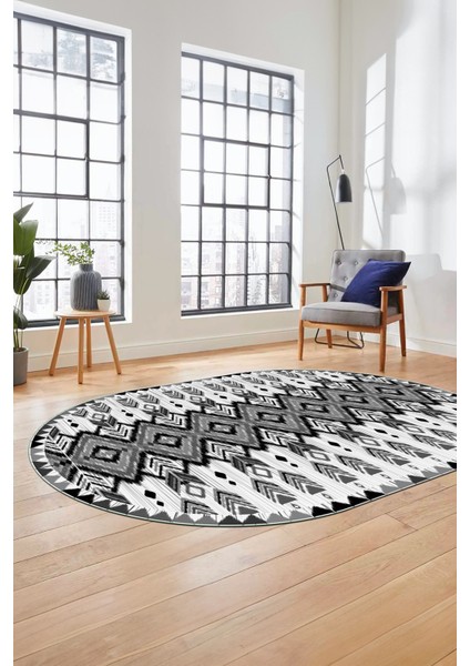 Renkli Etnik Desenli Dijital Kaymaz Yıkanabilir Oval Yolluk Mutfak Salon Halısı, O-Etnik-06-Gri,