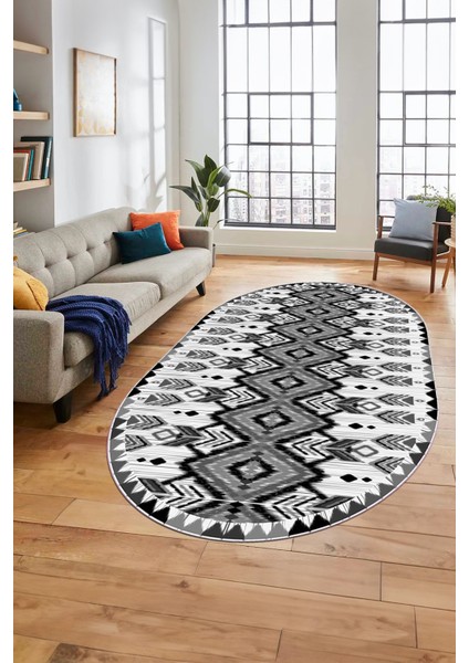 Renkli Etnik Desenli Dijital Kaymaz Yıkanabilir Oval Yolluk Mutfak Salon Halısı, O-Etnik-06-Gri, fırsatları