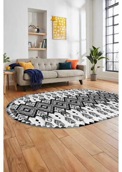 Renkli Etnik Desenli Dijital Kaymaz Yıkanabilir Oval Yolluk Mutfak Salon Halısı, O-Etnik-06-Gri, indirimleri
