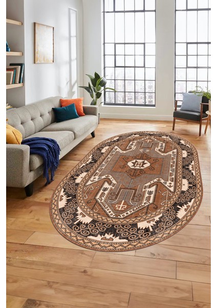 Şık Etnik Desenli Dijital Kaymaz Yıkanabilir Oval Yolluk Mutfak Salon Halısı, O-Etnik-10-Kahve, fiyatları