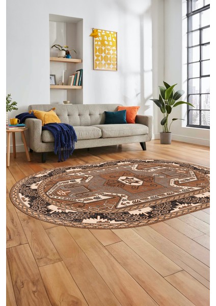 Şık Etnik Desenli Dijital Kaymaz Yıkanabilir Oval Yolluk Mutfak Salon Halısı, O-Etnik-10-Kahve, modelleri