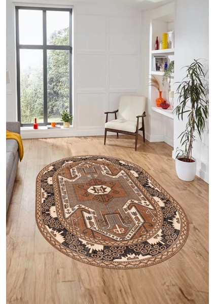 Şık Etnik Desenli Dijital Kaymaz Yıkanabilir Oval Yolluk Mutfak Salon Halısı, O-Etnik-10-Kahve, fırsatları