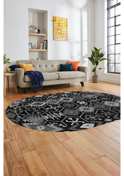 Dijital Baskılı Kaymaz Yıkanabilir Etnik Desen Oval Yolluk Mutfak Salon Halısı, O-Etnik-12-Antrasit, fiyatları