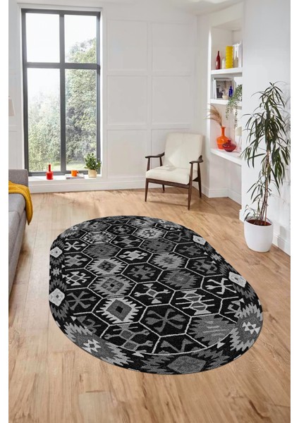 Dijital Baskılı Kaymaz Yıkanabilir Etnik Desen Oval Yolluk Mutfak Salon Halısı, O-Etnik-12-Antrasit, modelleri