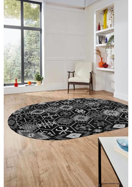 Dijital Baskılı Kaymaz Yıkanabilir Etnik Desen Oval Yolluk Mutfak Salon Halısı, O-Etnik-12-Antrasit, fırsatları