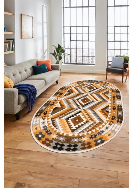 Modern Tasarım Etnik Desen Dijital Kaymaz Yıkanabilir Oval Yolluk Salon Halısı, O-Etnik-09-Kahve, fiyatları