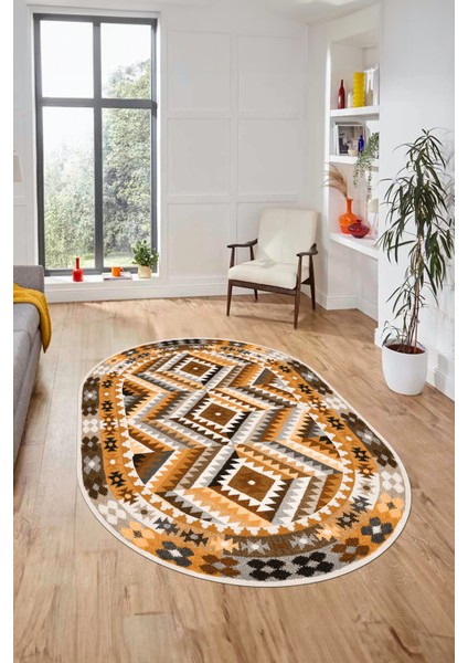 Modern Tasarım Etnik Desen Dijital Kaymaz Yıkanabilir Oval Yolluk Salon Halısı, O-Etnik-09-Kahve, fırsatları