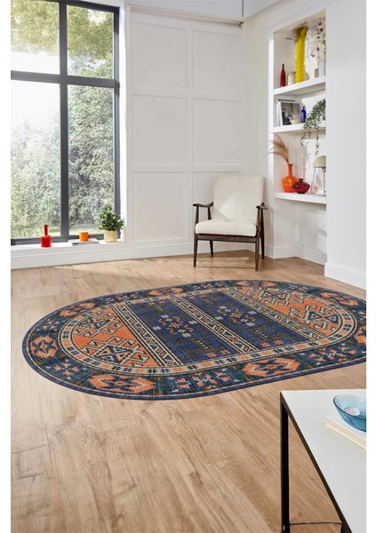 Dijital Baskılı Kaymaz Yıkanabilir Etnik Desen Oval Yolluk Mutfak Salon Halısı, O-Etnik-11-Lacivert, fırsatları