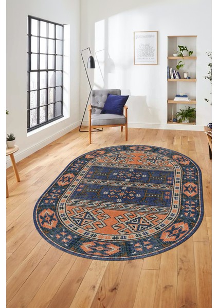 Dijital Baskılı Kaymaz Yıkanabilir Etnik Desen Oval Yolluk Mutfak Salon Halısı, O-Etnik-11-Lacivert, indirimleri