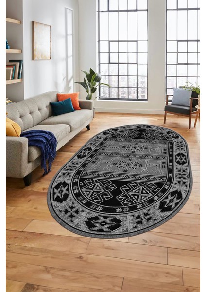 Dijital Baskılı Kaymaz Yıkanabilir Etnik Desen Oval Yolluk Mutfak Salon Halısı, O-Etnik-11-Antrasit,