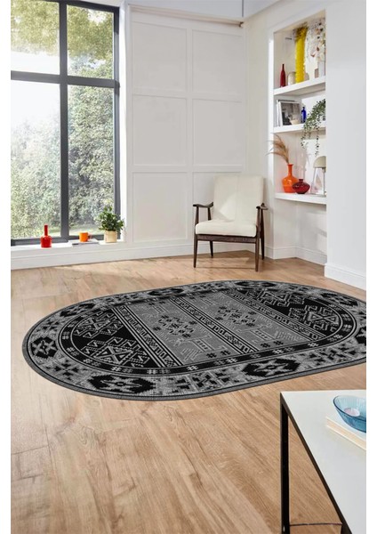 Dijital Baskılı Kaymaz Yıkanabilir Etnik Desen Oval Yolluk Mutfak Salon Halısı, O-Etnik-11-Antrasit,