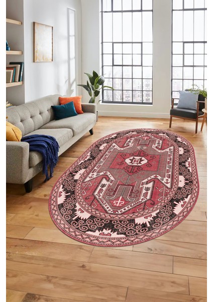 Şık Etnik Desenli Dijital Kaymaz Yıkanabilir Oval Yolluk Mutfak Salon Halısı, O-Etnik-10-Pembe, fiyatları