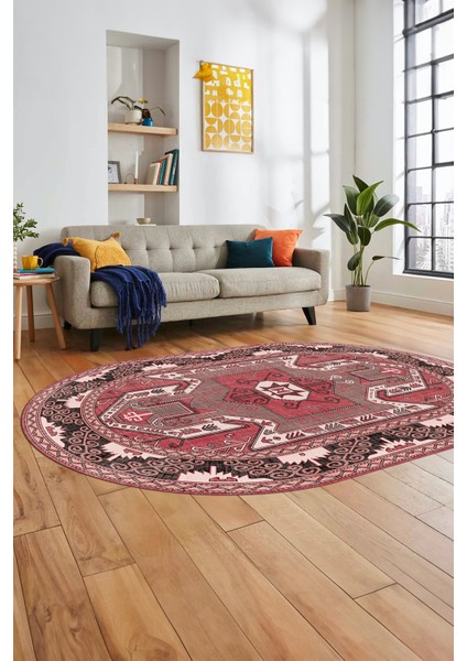 Şık Etnik Desenli Dijital Kaymaz Yıkanabilir Oval Yolluk Mutfak Salon Halısı, O-Etnik-10-Pembe, modelleri