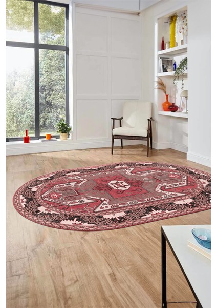 Şık Etnik Desenli Dijital Kaymaz Yıkanabilir Oval Yolluk Mutfak Salon Halısı, O-Etnik-10-Pembe, indirimleri