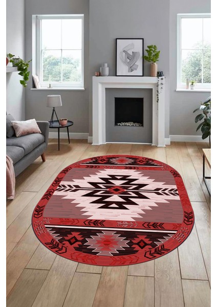 Etnik Desenli Dijital Baskılı Kaymaz Yıkanabilir Oval Yolluk Mutfak Salon Halısı, O-Etnik-05-Bordo, fiyatları