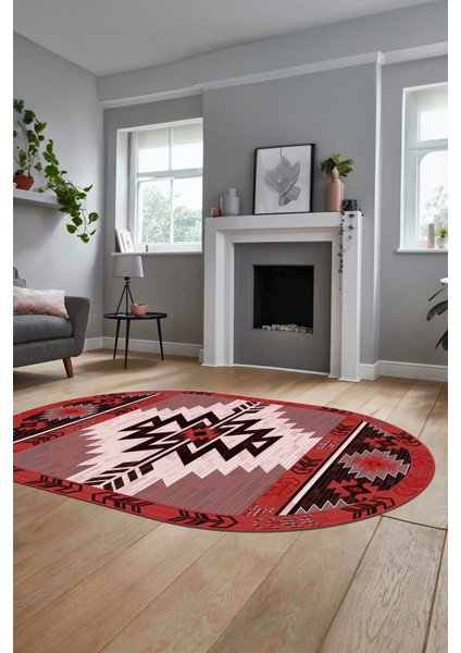 Etnik Desenli Dijital Baskılı Kaymaz Yıkanabilir Oval Yolluk Mutfak Salon Halısı, O-Etnik-05-Bordo, modelleri
