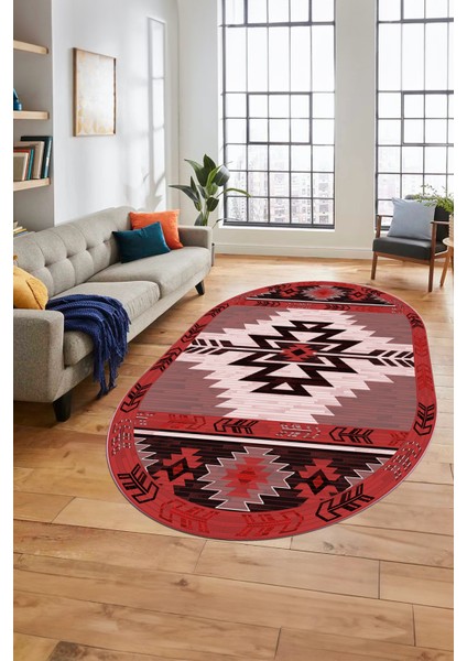Etnik Desenli Dijital Baskılı Kaymaz Yıkanabilir Oval Yolluk Mutfak Salon Halısı, O-Etnik-05-Bordo, fırsatları