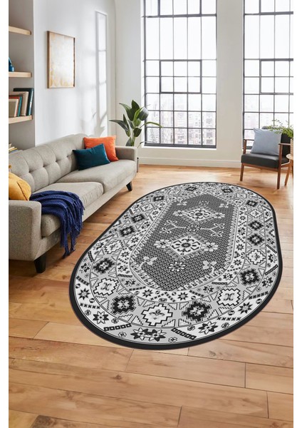 Şık Tasarım Etnik Desenli Dijital Kaymaz Yıkanabilir Oval Yolluk Salon Halısı, O-Etnik-08-Gri, modelleri